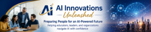 Banner for AI Innovations Unleashed showing a diverse team collaborating at a table with a glowing digital network and city skyline in the background, conveying AI education and future readiness.