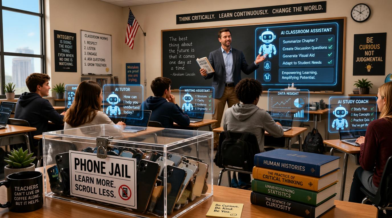 Teacher explains AI study tools to a classroom of students with floating holographic panels above their desks.