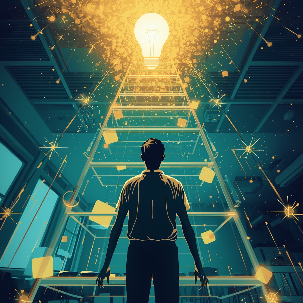Silhouette of a person facing a glowing ladder ascending to a bright light bulb, symbolizing innovation in a futuristic lab setting.