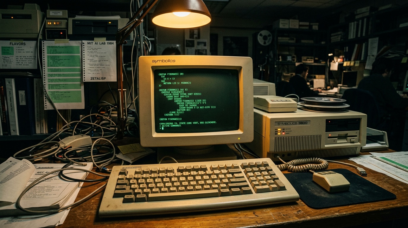 Vintage computer workstation with a CRT monitor showing green text, keyboard, mouse, and a floppy/tape drive on a cluttered wooden desk in a tech lab setting