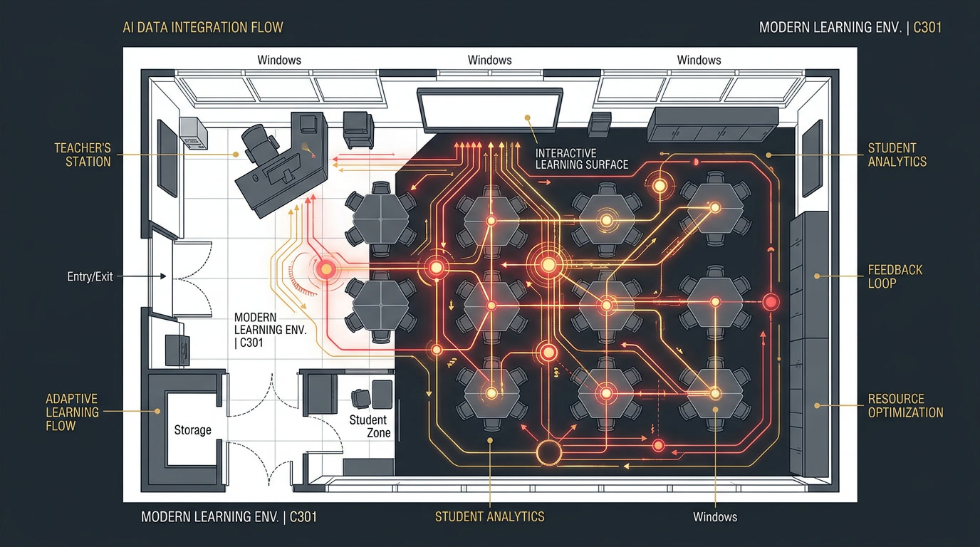 Layout diagram of a modern classroom showing a central interactive learning surface connected by glowing lines to round tables, with labels for student analytics, feedback loop, resource optimization, and teacher's station.