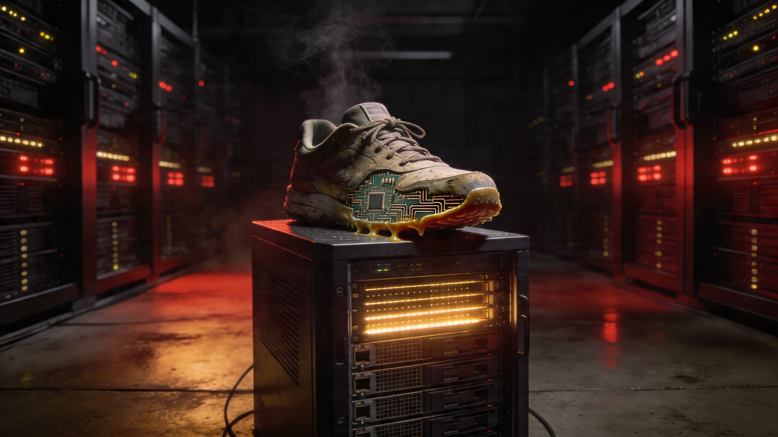 Sneaker with a circuit-board pattern on the sole sits on top of a server rack in a dim data center with red and yellow lights rising in the background.