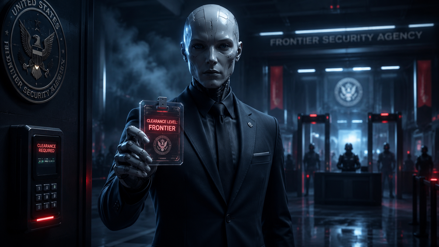 Robotic security officer in a dark, high-tech lobby showing a badge that reads 'CLEARANCE LEVEL: FRONTIER' front and center. Frontier Security Agency backdrop.