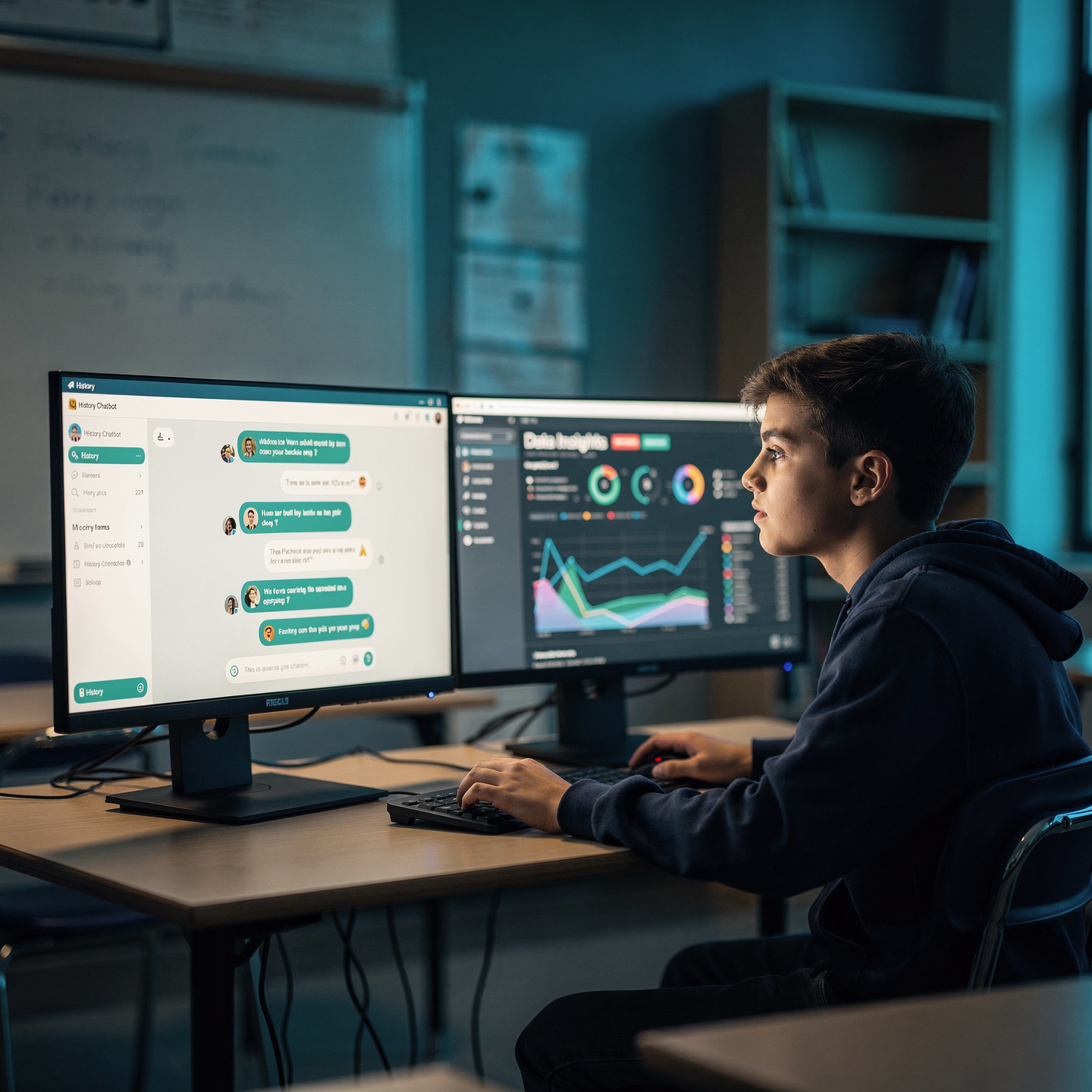 Young man at a desk with two monitors: left screen shows a chat app, right screen shows data charts and graphs.