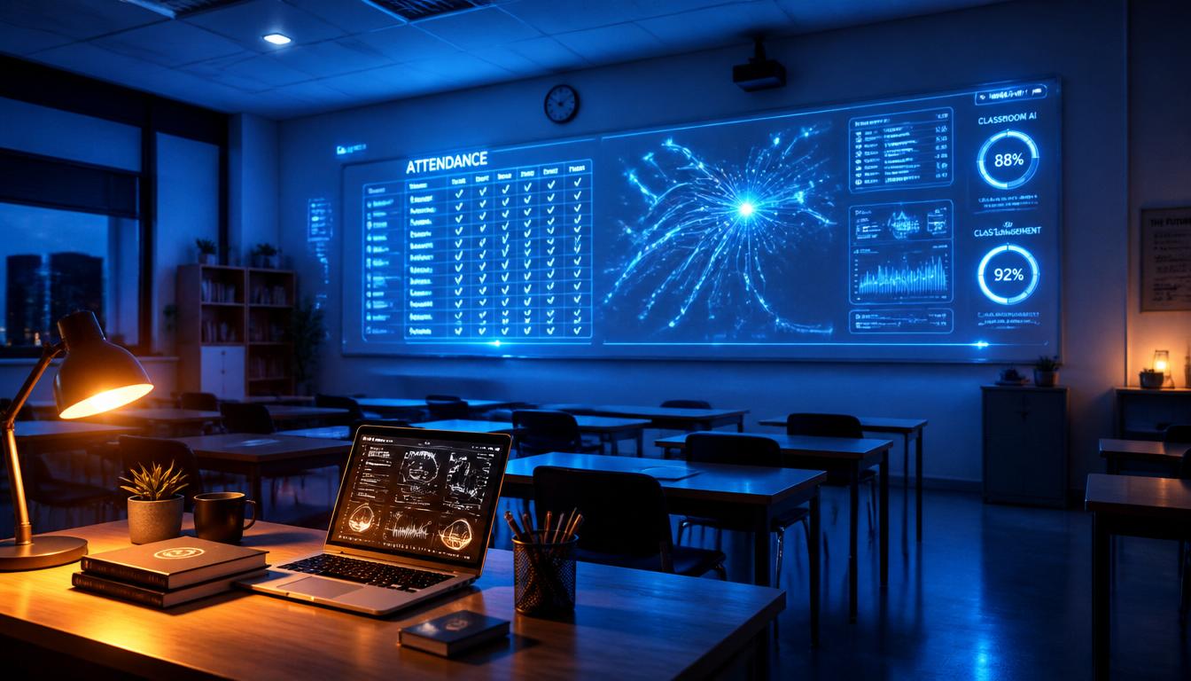 Dim classroom with a large blue data dashboard on the wall labeled 'ATTENDANCE' and a laptop on the foreground desk with a lamp and notebooks.