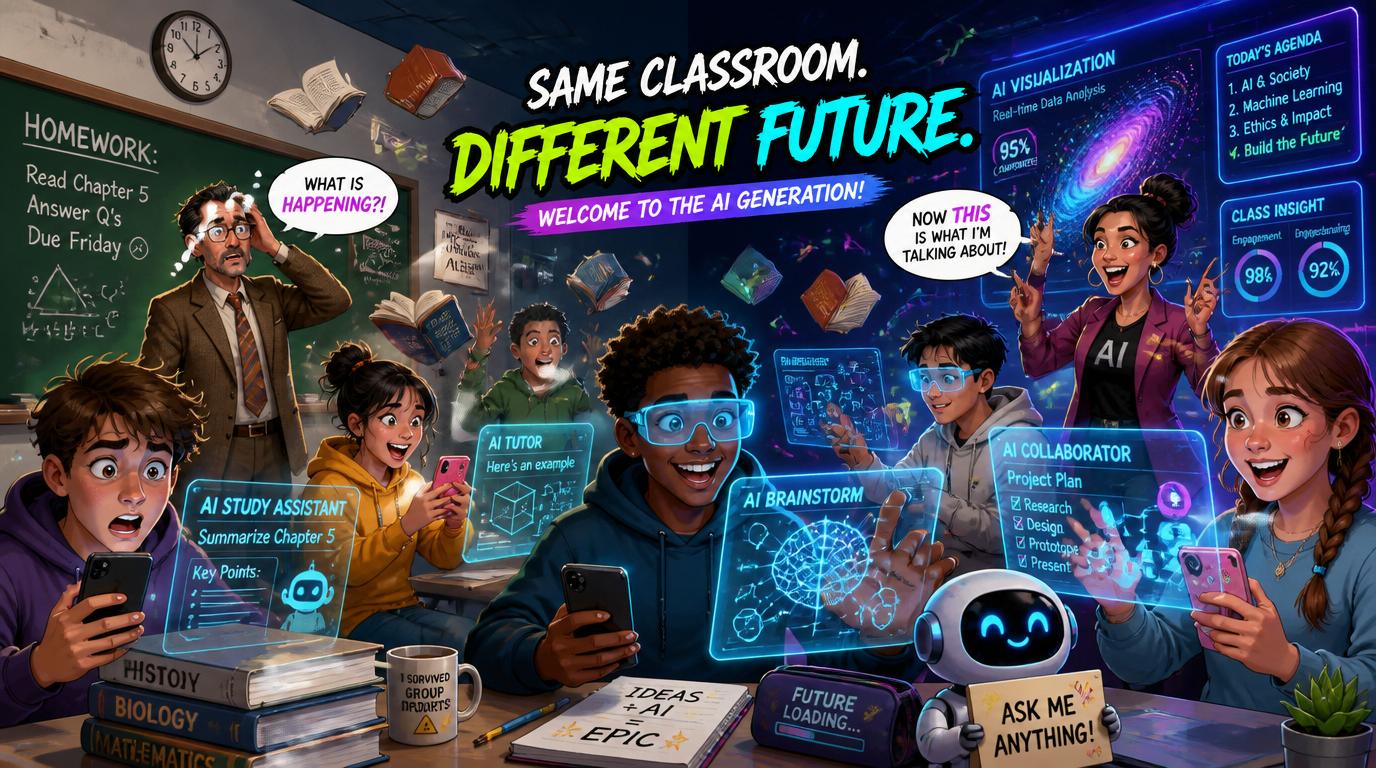 Group of diverse students in a futuristic classroom using holographic AI study screens and smartphones, banner above reads 'Same Classroom. Different Future.'