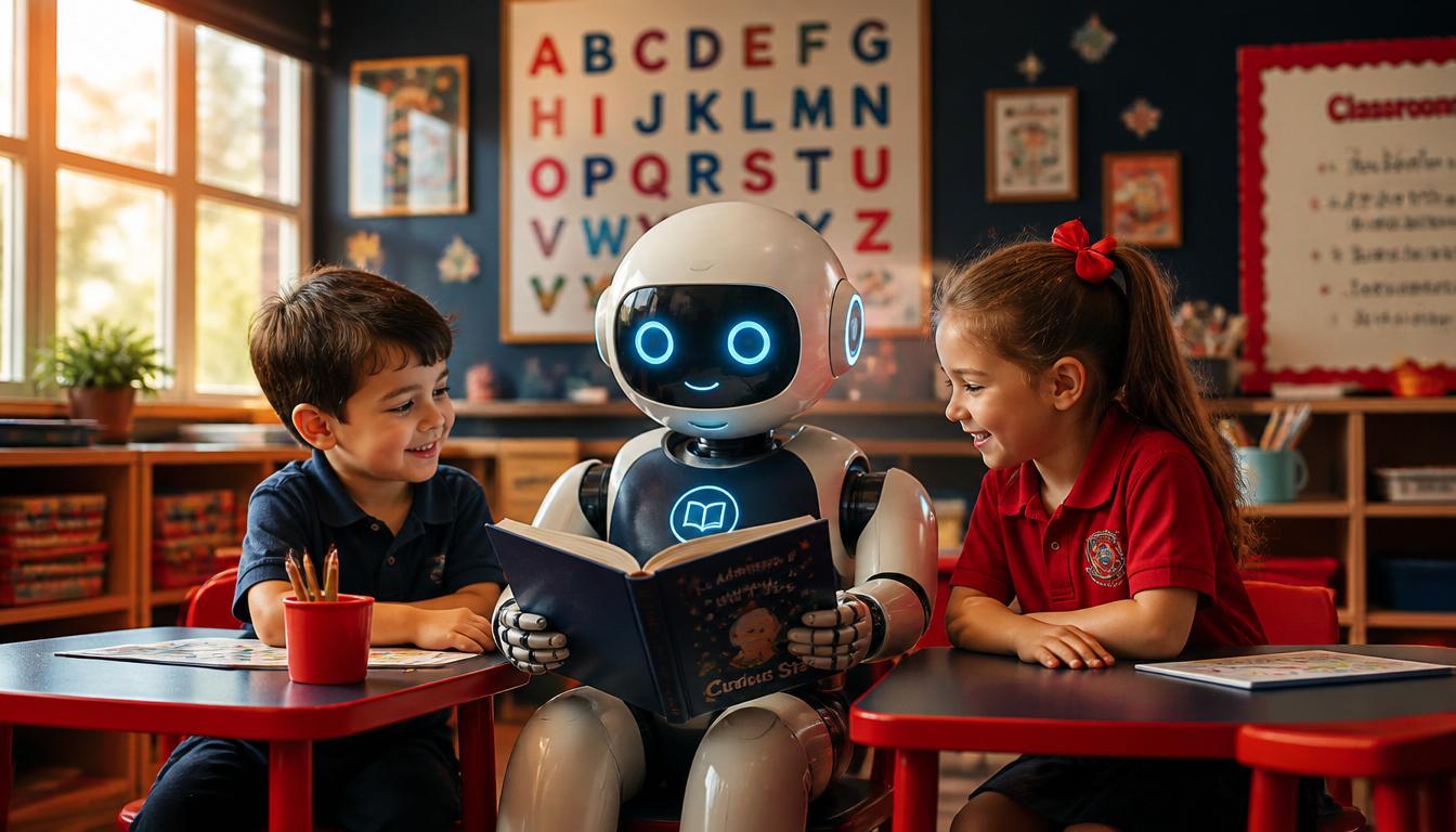 Robot with glowing blue eyes reads a book to two kids at a classroom table in a sunny room.