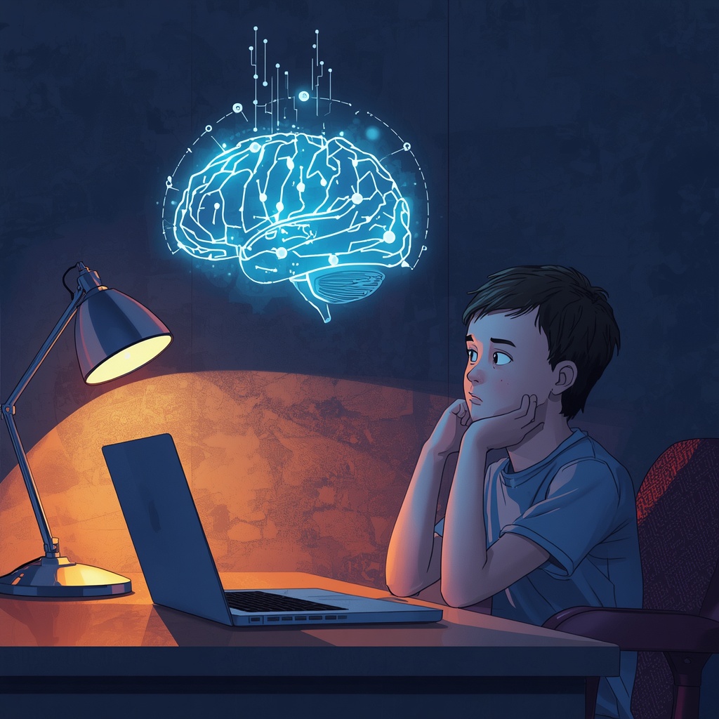 Boy sitting at a desk, looking thoughtful at his laptop with a glowing blue brain hologram overhead.