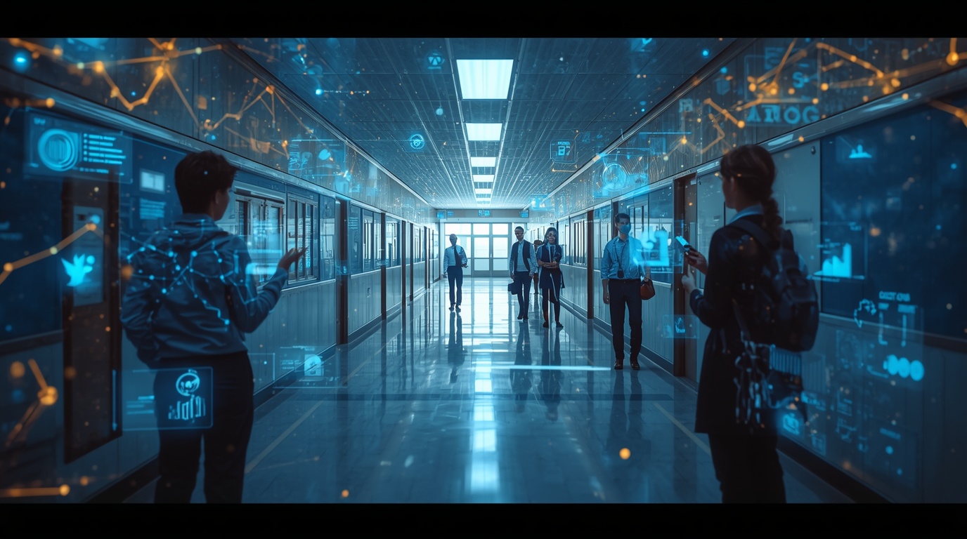 lucid-origin_a_cinematic_photo_of_A_futuristic_school_hallway_K-12_school_transformed_into_a_-1 - AI Innovations Unleashed People walk through a high-tech, glass-walled corridor with holographic data displays glowing in blue hues.