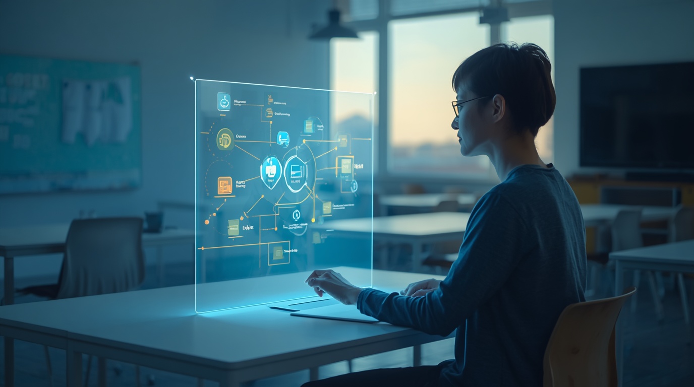 lucid-origin_a_cinematic_photo_of_A_teacher_at_a_minimalist_white_desk_interacting_with_a_glo-2 - AI Innovations Unleashed Person in profile interacting with a glowing transparent holographic interface projected above the desk in a classroom setting.