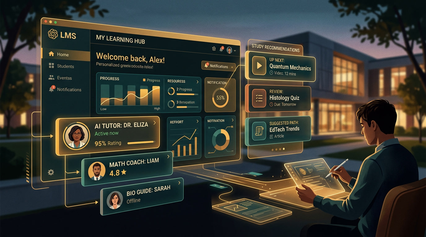 Young man using a glowing digital learning dashboard outdoors, with panels showing progress, tasks, and tutor info for an LMS.