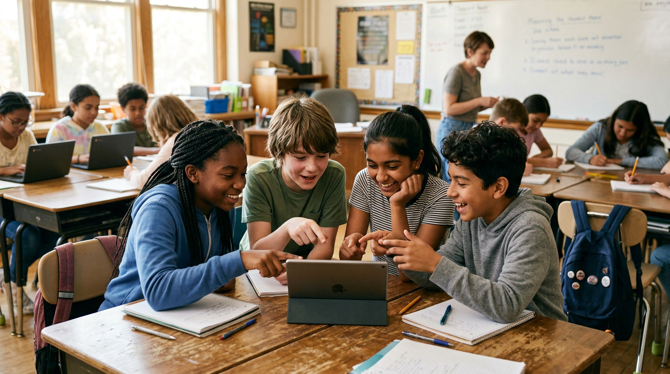 Students collaborating with technology in a modern classroom