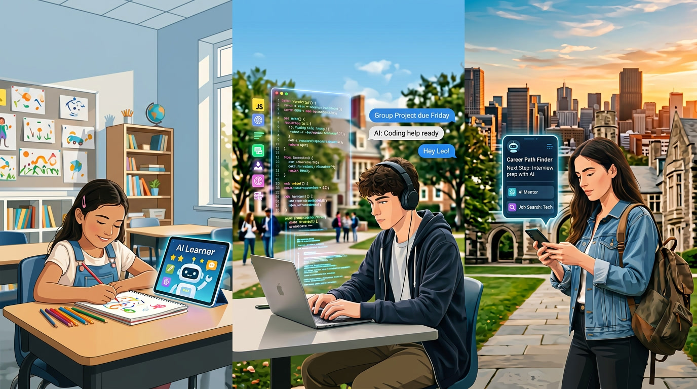 Three students in a split scene: classroom drawing with an AI learning tablet, an outdoor coder on a laptop, and a girl checking career apps on her phone.