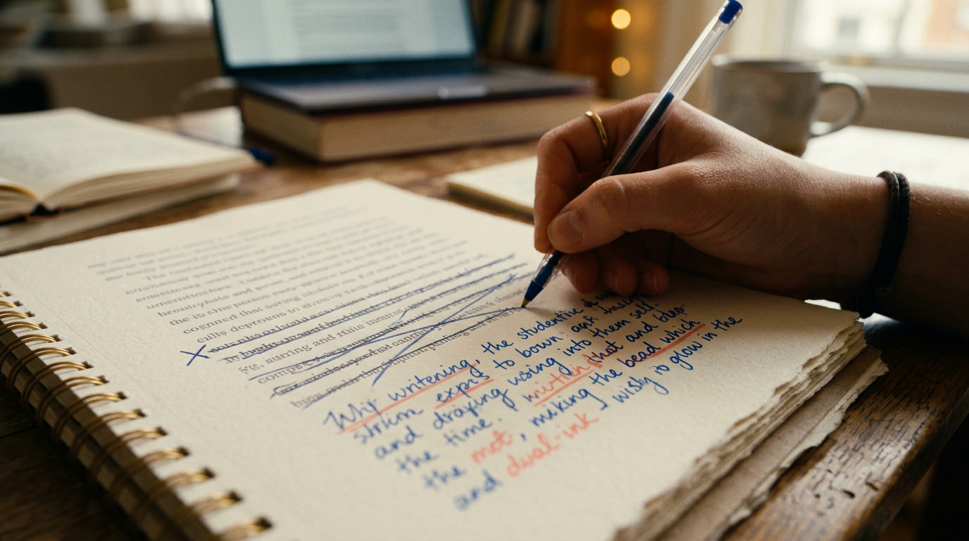 Close-up of a hand writing blue ink in a spiral notebook, with a laptop and books on a wooden desk in the background.