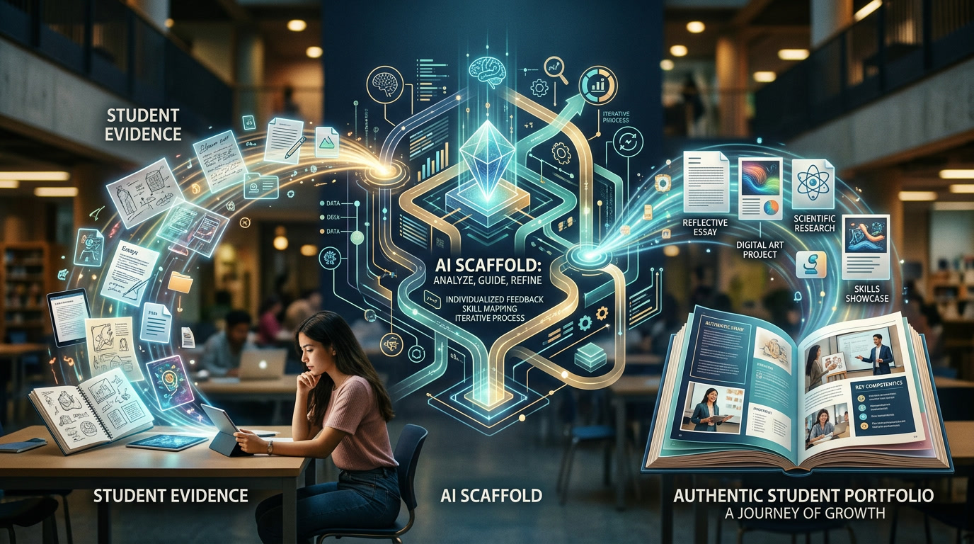 nano-banana-2_a_surreal_and_vibrant_cinematic_photo_of_Infographic-style_visual_showing_studen-1 - AI Innovations Unleashed Student at a desk using a tablet, surrounded by glowing AI diagrams and the label 'AI Scaffold' at the center.