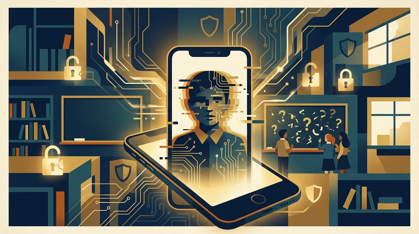 nano-banana-2_deepfakes_in_schools_fake_media_real_harm_symbolic_classroom_security_and_AI_lit-1 - AI Innovations Unleashed Digital security concept: a large smartphone radiates circuits with a person’s silhouette inside, surrounded by locks and shields.