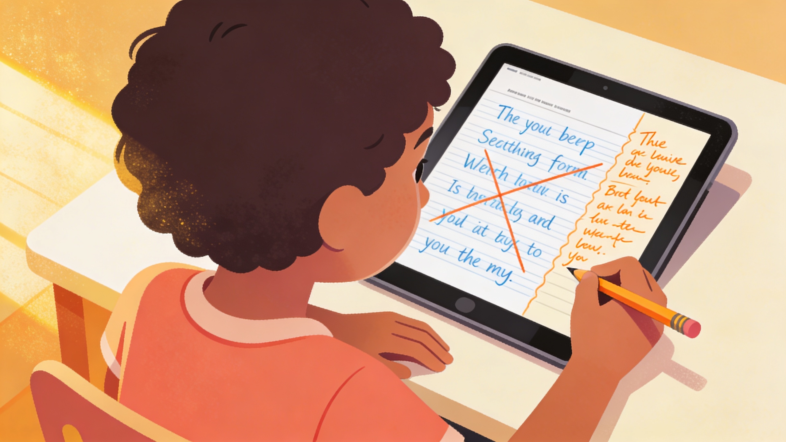 Person seen from behind using a tablet to write on a lined page with blue handwriting and an orange note column nearby, holding a pencil.