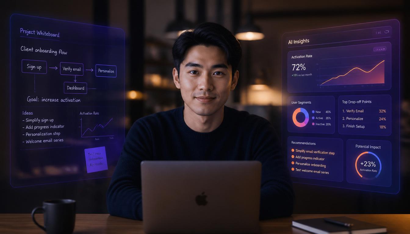 gpt-image-2_A_confident_young_professional_at_a_modern_workstation_facing_forward_with_calm_-0 - AI Innovations Unleashed Man seated at a laptop with glowing translucent dashboards showing project workflow and analytics.