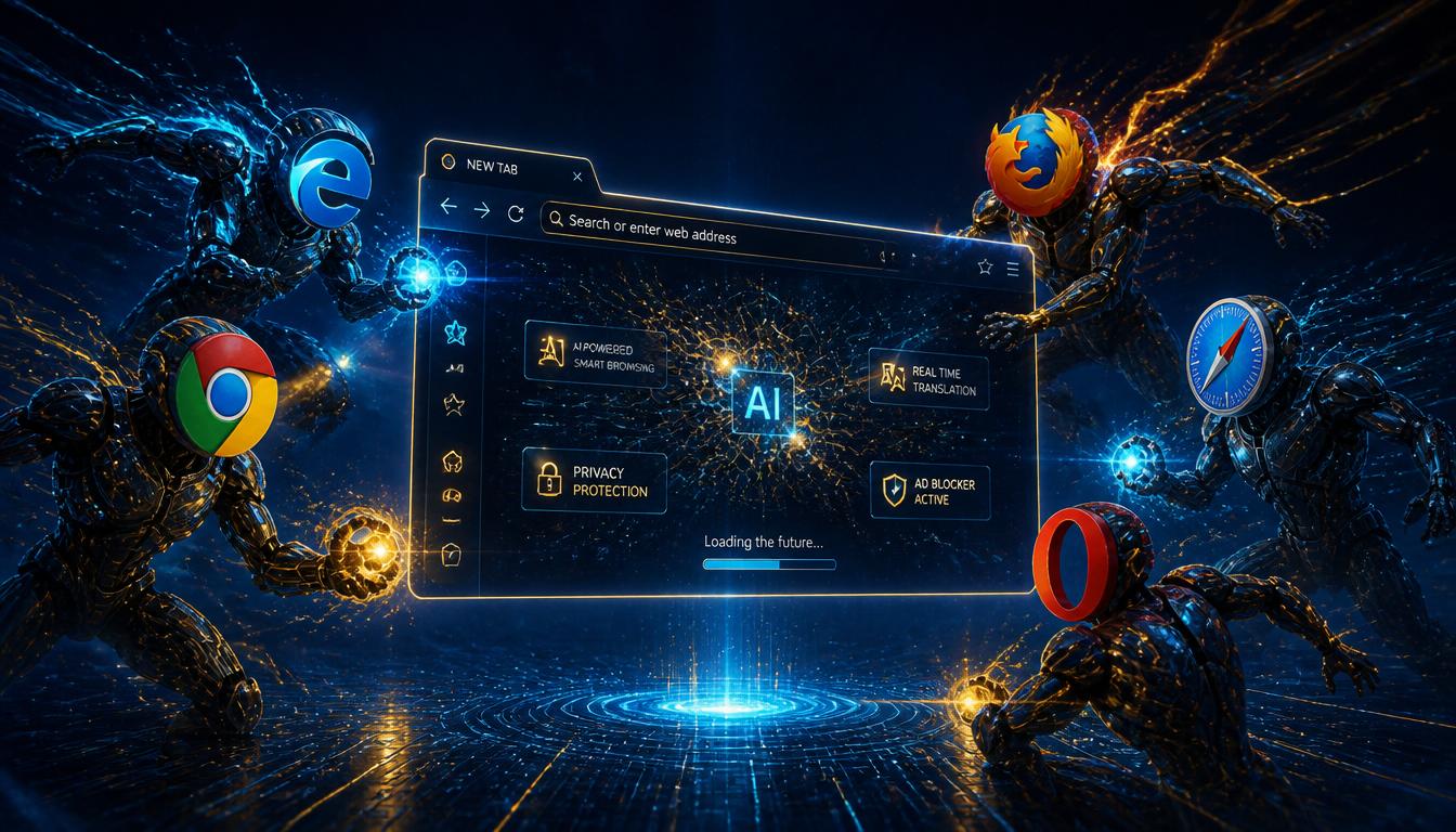 gpt-image-2_A_dramatic_cinematic_digital_illustration_of_a_futuristic_web_browser_interface_-2 - AI Innovations Unleashed Futuristic scene with robotic figures wearing browser logos surrounding a glowing AI dashboard as it loads the future