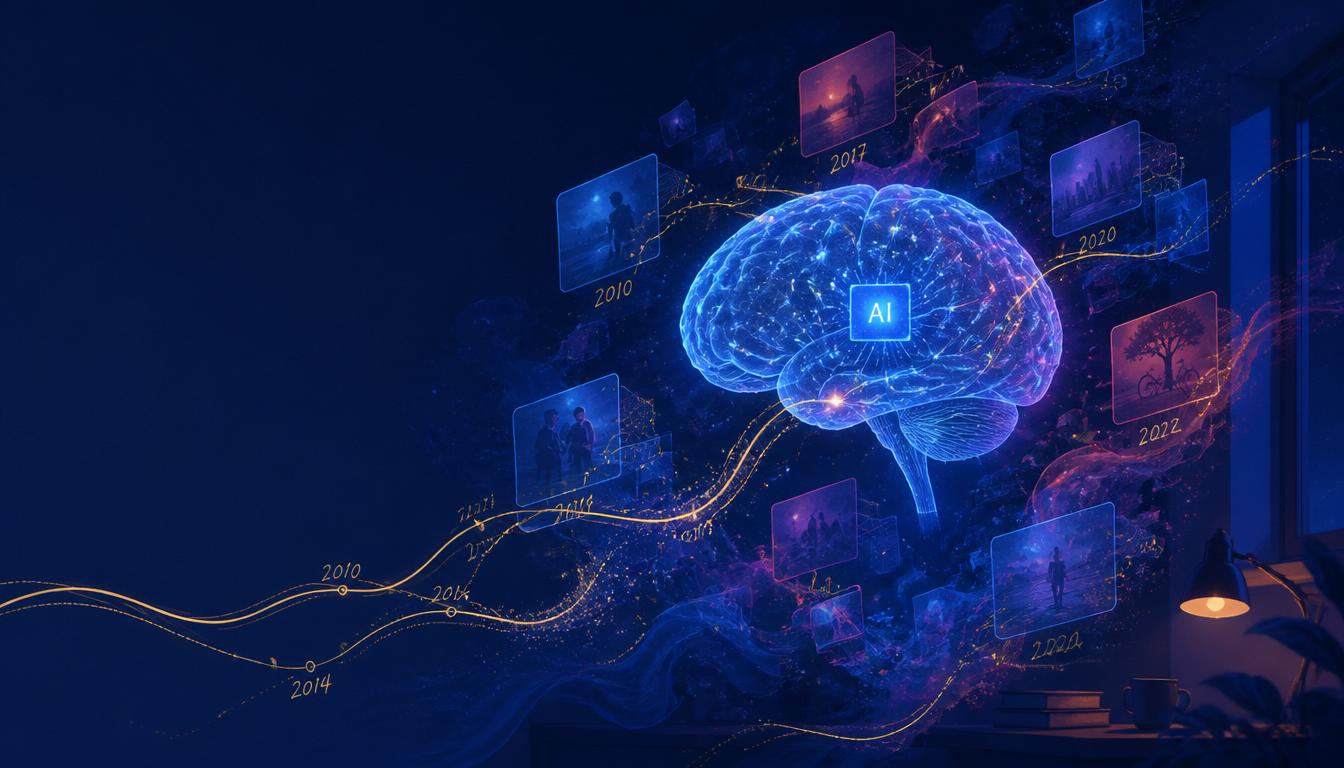 gpt-image-2_Editorial_illustration_of_a_glowing_AI_brain_floating_in_a_dark_blue_room_surrou-3 - AI Innovations Unleashed Blue glowing brain labeled AI with a cascading timeline and floating photo cards, illustrating AI evolution in a dark backdrop.