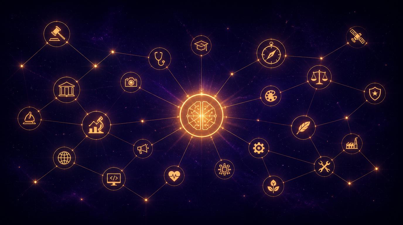 gpt-image-2_Editorial_illustration_wide_aspect_ratio_of_a_constellation_map_of_glowing_nodes-0 - AI Innovations Unleashed Central glowing brain with connected icons representing various fields (law, medicine, education, technology) in a neural-network layout, on a dark space background.