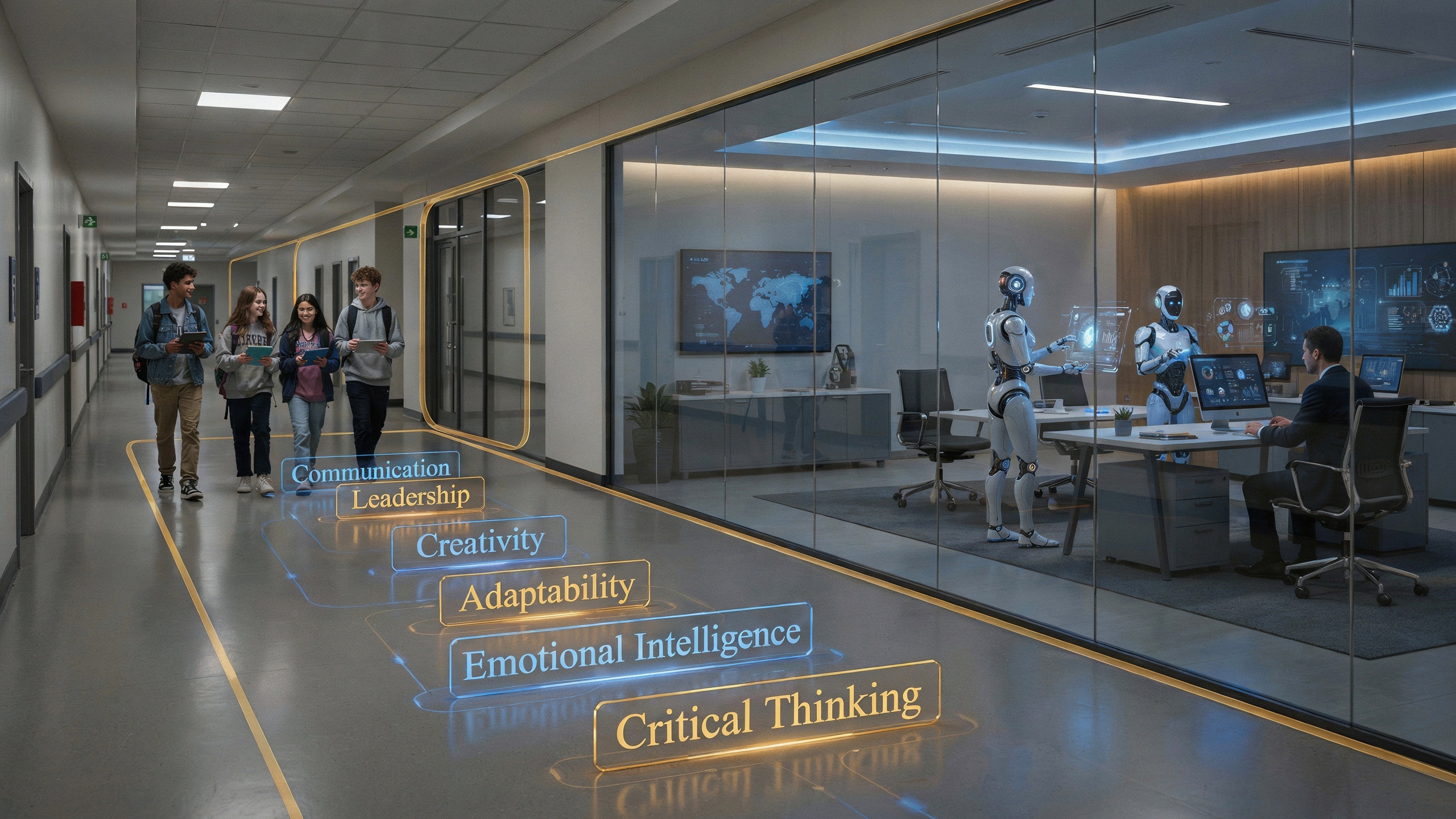 Students walk down a glass-walled hallway with holographic words like Communication, Leadership, Creativity on the floor; inside, robots assist a man at a workstation.