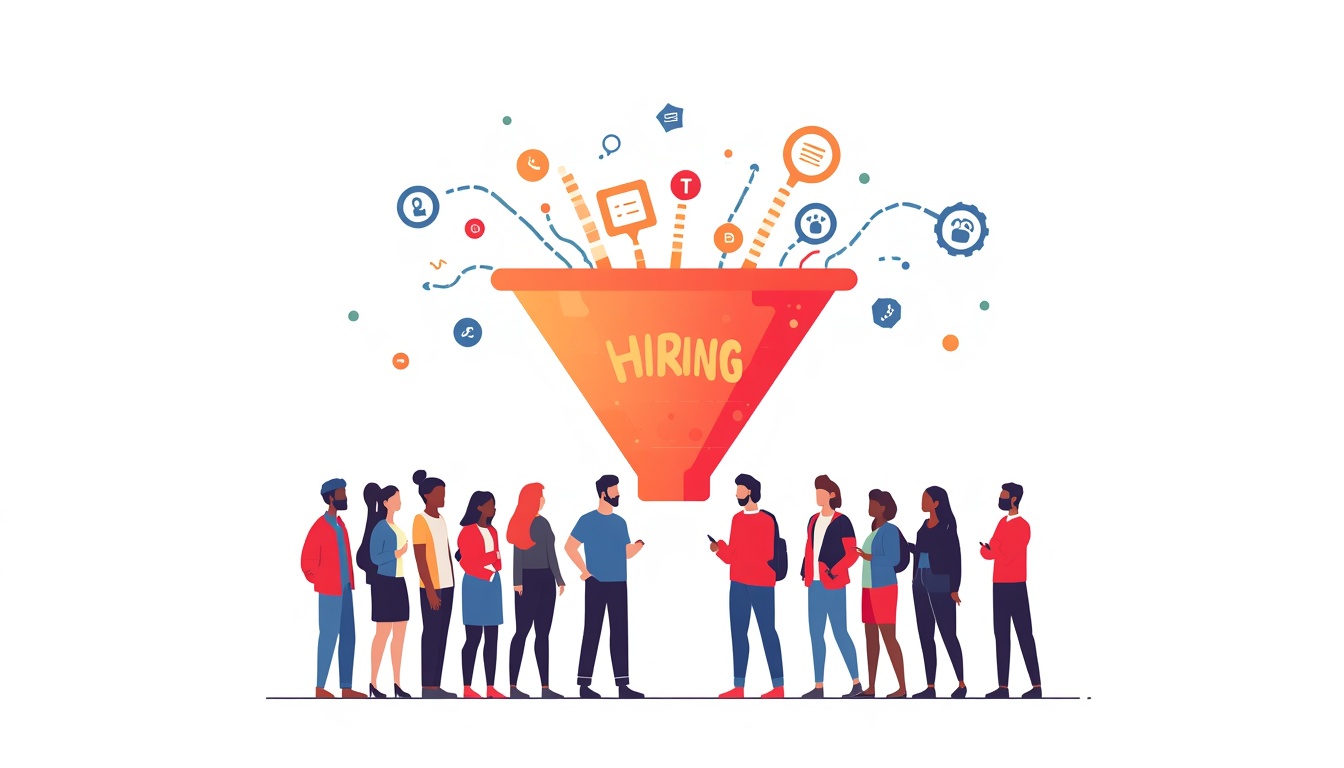 Diverse job seekers stand in a line as a large orange 'HIRING' funnel pours out icons, symbolizing recruitment.