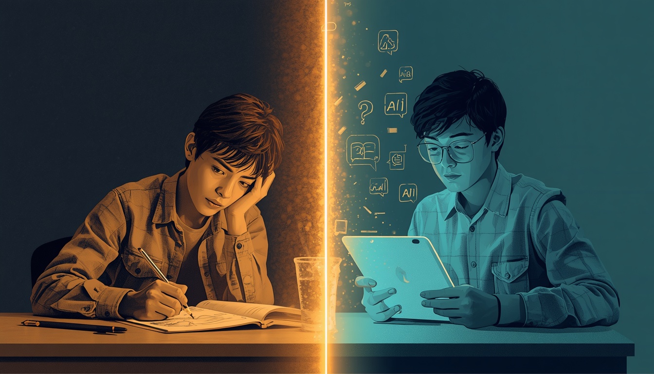 lucid-origin_A_split-composition_editorial_illustration_on_the_left_a_student_sitting_at_a_de-1 - AI Innovations Unleashed Two students study at desks on opposite sides of a glowing vertical divider; left student writes in a notebook, right student reads a tablet with floating icons around.