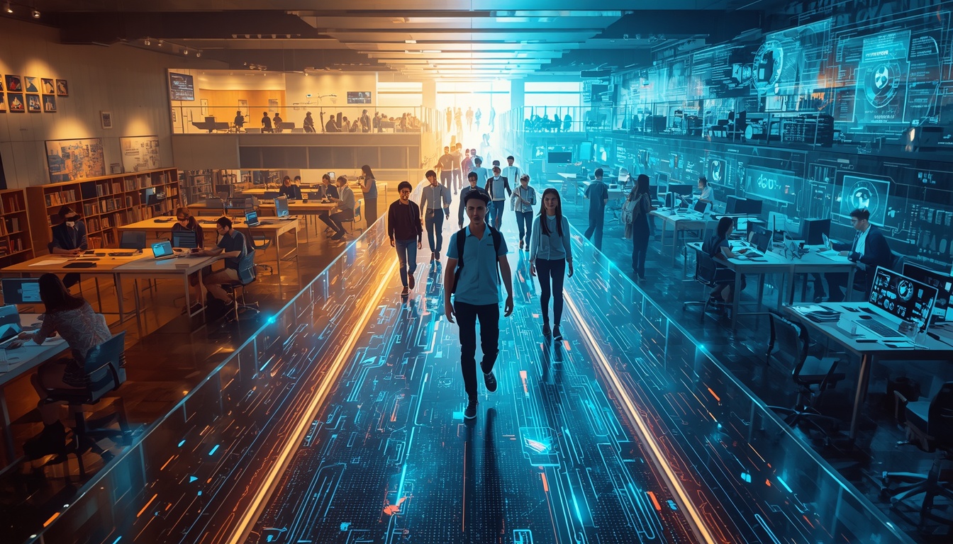 lucid-origin_A_stunning_futuristic_scene_showing_a_diverse_group_of_students_walking_across_a-3 - AI Innovations Unleashed Group of students walk down a glowing blue corridor in a high-tech open-plan lab, with workstations to the left and holographic data displays to the right.