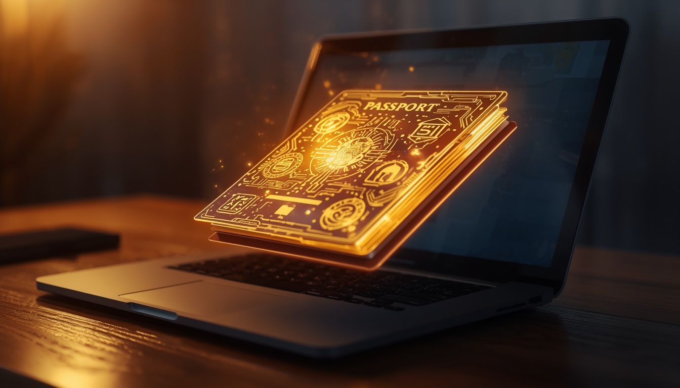 lucid-origin_A_glowing_holographic_passport_booklet_made_of_light_its_pages_stamped_with_digi-0 - AI Innovations Unleashed Golden passport hologram floating above a laptop screen, suggesting digital identity or online security.