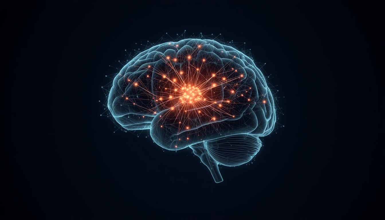 lucid-origin_Editorial_illustration_of_a_human_brain_in_profile_rendered_as_a_glowing_constel-1 - AI Innovations Unleashed Digital rendering of a brain with orange neural network hubs glowing in the center, illustrating neural activity.