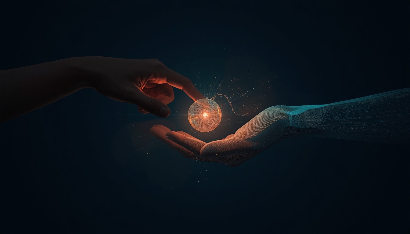 the science of learning in the age of ai part 2 hero - AI Innovations Unleashed Two hands hover over a glowing orange orb, simbolizing connection or energy transfer in a dark, tech-inspired scene.