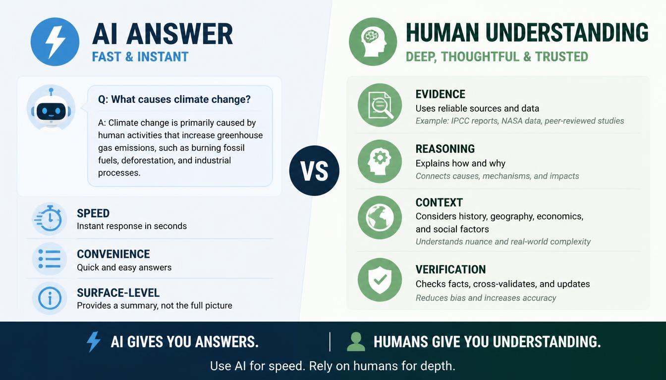 A comparison of fast AI-generated answers with the evidence, reasoning, context, and verification needed for human understanding.