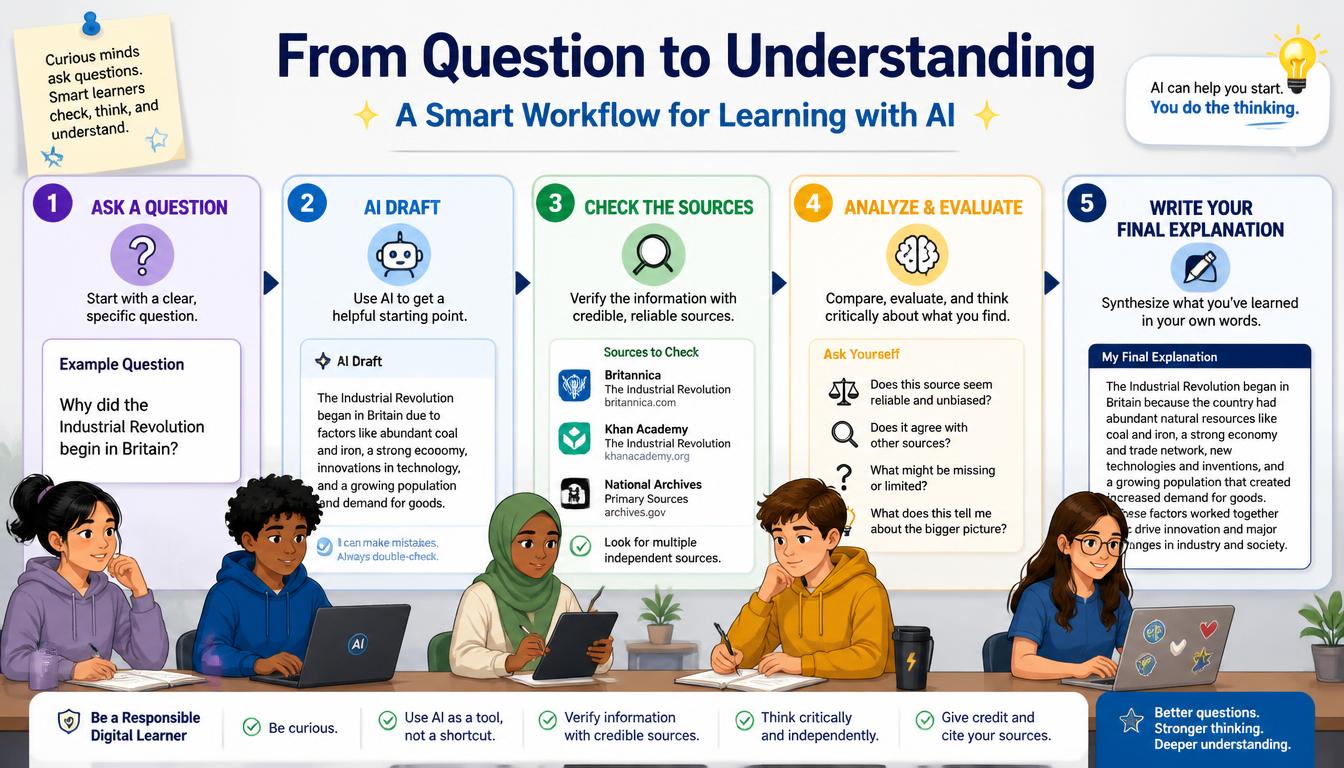 A five-step classroom workflow for learning with AI: ask, draft, check sources, analyze, and explain.