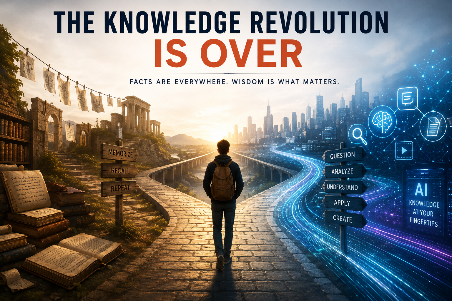 feature image - AI Innovations Unleashed Person with backpack walks a cobblestone path between ancient ruins (left) and a glowing futuristic city (right) beneath the headline 'The Knowledge Revolution Is Over'.